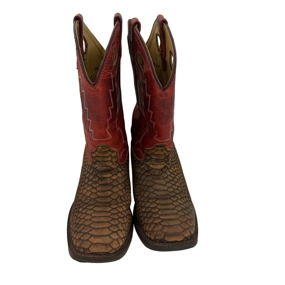 Smoky Mountain Youth Western Cowboy Boots Red Brown Reptile Print Square Toe 6.5